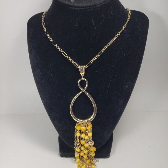 Gold Teardrop Infinity Tassel Necklace — Multi‑Strand Yellow Bead Accent Pendant - Picture 11 of 11